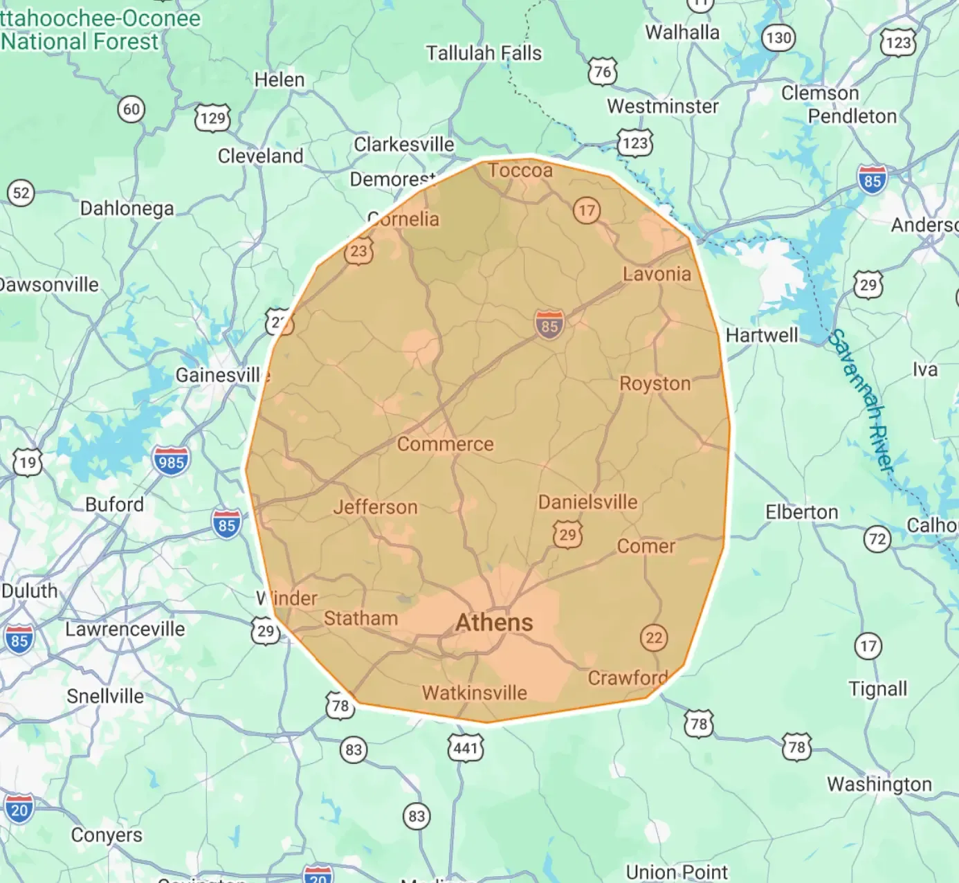 Map of the Guardian Septic Services coverage area across northeast Georgia, from Toccoa and Lavonia down through Commerce, Jefferson and Athens